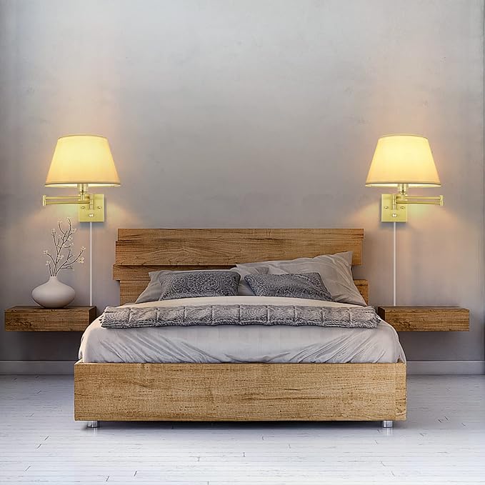 TRLIFE Dimmable Wall Sconce Plug in, Brushed Brass Wall Sconces Set of 2 Swing Arm Wall Lights with Plug in Cord and Dimmer On/Off Knob Switch, 11.8" Large White Fabric Shade(2 LED Bulbs Included)