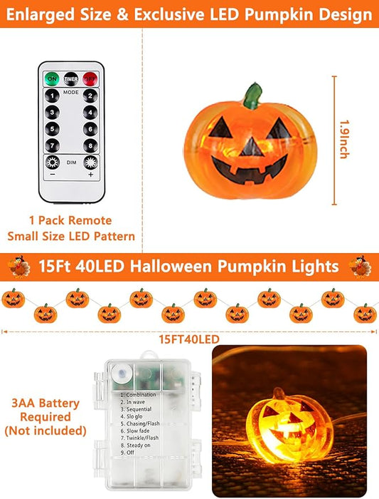 Halloween Fairy Lights Battery Operated 15Ft 40LED Orange Pumpkin String Lights 8 Modes with Remote, Warerproof Twinkle Lights with Timer for Indoor and Outdoor Halloween Decorations for Party Holiday