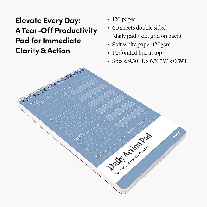 BestSelf Co. Daily Action Pad 60 Sheets – 120 GSM Paper, Ring-Bound Work Planner & To-Do List Notepad | Daily Planner for Productivity | Hourly Schedule, Task Checklist & Tomorrow’s Plan
