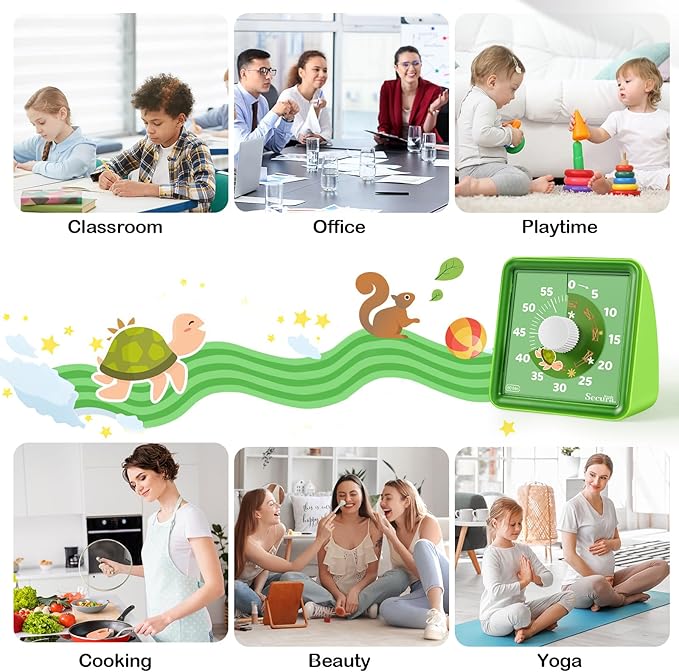 Secura 60-Minute Visual Countdown Timer for Kids & Classroom, Pomodoro Time Management Tool (Green & Green)