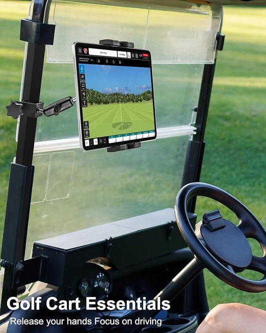 woleyi Golf Cart Tablet Holder Mount, 360° Adjustable, Metal Wider Clamp Arm for ZGO/Club Car/Yamaha/Other Golf Carts, for 4.7-13" Device Like iPad Pro, Air, Mini, iPhone, Galaxy Tabs, Z Fold, Fire HD