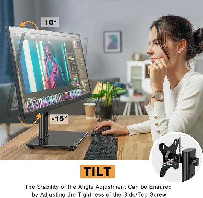 Single Monitor Stand VESA Mount for 13-32 Inch Screens, Free-Standing Monitor Riser with Swivel Tilt Rotation Height Adjustable, Universal Desk Stand up to 44lbs, VESA 75x75, 100x100mm