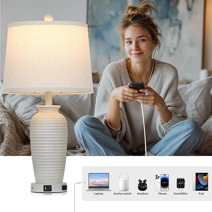 25" Vintage Farmhouse Jar Table Lamps, Single Rustic Bedside Lamp with USB A+C Ports & AC Outlet, Nightstand Lamps for Living Room, Bedroom, End Table, Cream(LED Bulb Included)