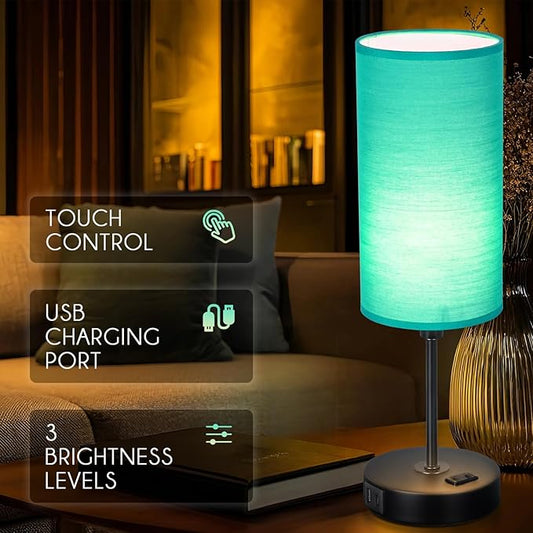 Table Lamp with USB Port - Desk Lamp, Green Touch Lamp, Bedside Lamps, 3 Way Dimmable Small Lamps for Bedroom, Nightstand, Nursery, Dorm, Home, Office, Black Base+ Green Lampshade