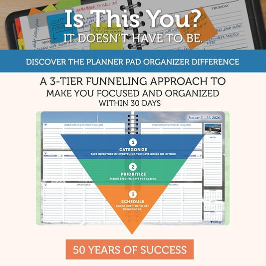 Planner Pad Spiral Bound January-December 2026/ Calendar Year 6 3/4" x 8 1/2" Medium 3-Tier Funnel Down 12 Month Organizer, Seasonal Color Ink