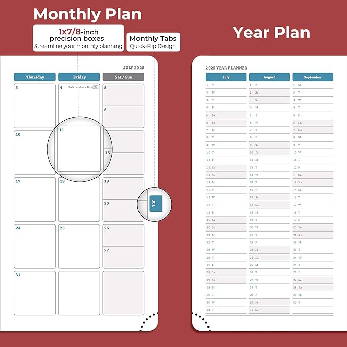 Weekly Monthly 2025-2026 Planner (July 25-Dec 26),6.5"x3.75",18 Months Agenda Plan with Month Tabs & Pocket,Expenses/Note Pages, Academic Calendar with Vegan Leather Cover,Red