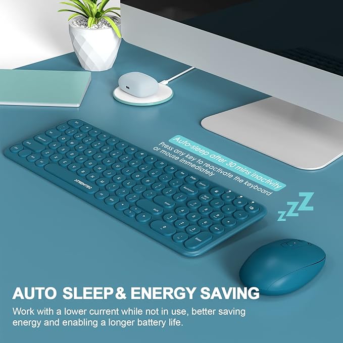 XTREMTEC Slim Wireless Keyboard and Mouse Combo, 2.4G USB Quiet Low-Profile Retro Round Typewriter Computer Keyboard and Ergonomic Mouse Set for Laptop/PC/iMac/Computer,PlugandPlay (Navy Blue)