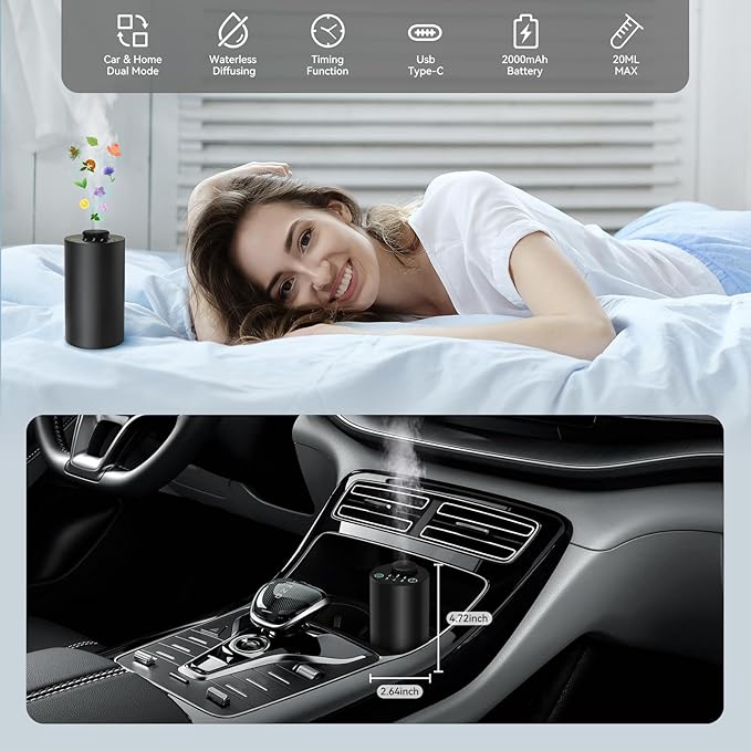 Waterless Essential Oil Diffuser Battery Operated Cordless Aromatherapy Diffuser with Timing & 3 Mist Levels car Diffuser,Black Aluminum Alloy (E10-2A)