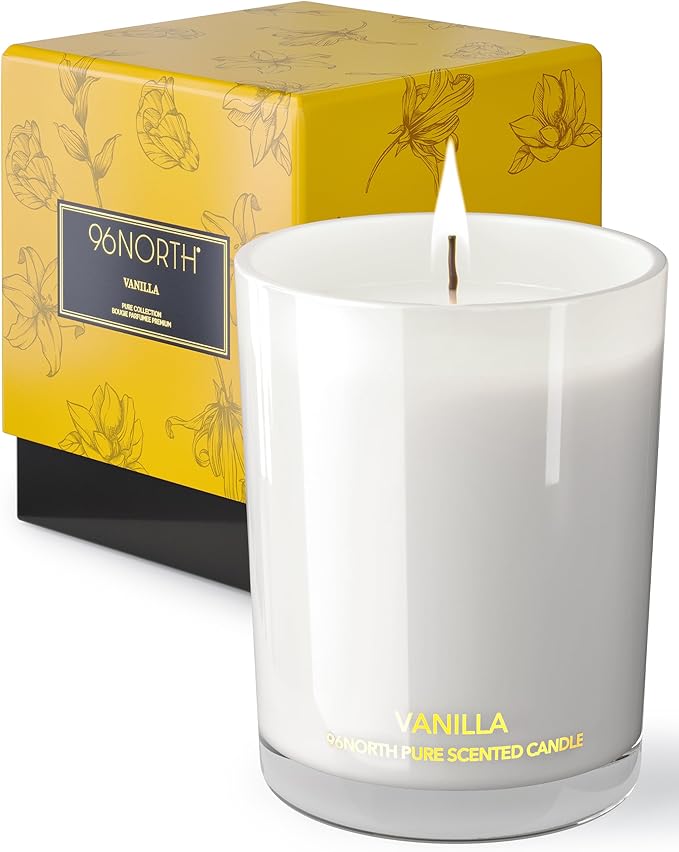 96NORTH | Pure Vanilla Candle | 100% Natural Soy Wax | One Wick Jar Candle | Natural Fragrance Technology | Non Toxic | Up to 35 Hours Burning Time | Aromatherapy Gift for Men and Women