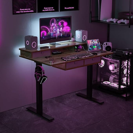 Adjustable Height Standing Desk with 4 Drawers,48 x 30 inches Electric Sit Stand Home Office Desk with Two Tiers, 3 Memory Presets, Monitor Stand Riser, USB A/C Charging Port