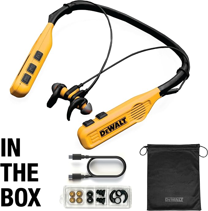 DEWALT Heavy Duty 2-in-1 Neckband Bluetooth Headphones w/Built-in Speakers, Jobsite Wearable Speaker & Around Neck Headphones, Wireless Bluetooth Headset, 60+ Hrs Hands-Free Music/Calls, Carry Pouch