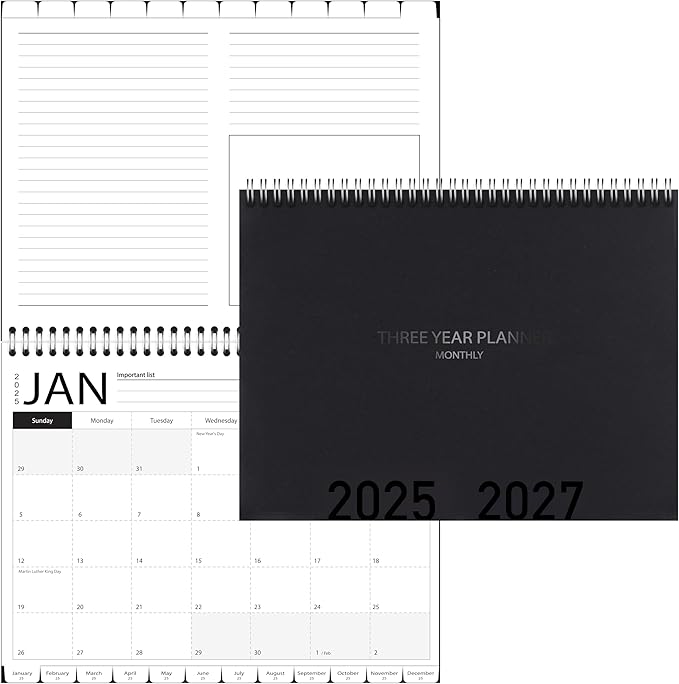 3-Year Calendar Planner, 2025-2027 Monthly Schedule Organizer Flip Calendar Diary with Tabs, Spiral Bound Top, Black, 8.5 x 11 Inches