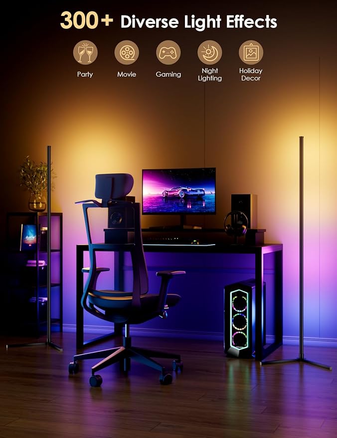 RGB Corner Floor Lamp, 64.5" RGB Color Changing Led Floor Lamp for Living Room APP and Remote Modern Light Bar with Music Sync and 16 Million Colors Dimmable Ambient Lighting for Bedroom