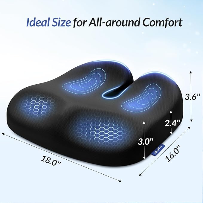 ZIKEE Ergonomic Seat Cushion with Thigh Relief Slope, Office Chair Cushion with Premium Memory Foam for Car, Home, U-Shaped Design Alleviates Hip, Tailbone Pain, Anti-Slip Sciatica Pain Relief Pillow