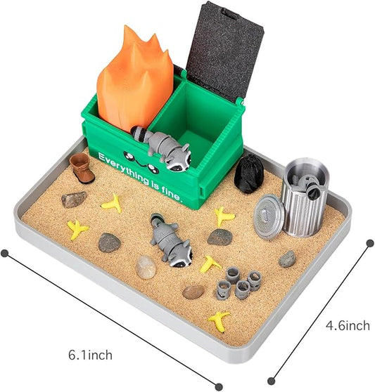 Stylor Dumpster Fire Zen Garden Desk Decor - 3D Print Plastic Miniature Sandbox with Raccoon & Flames, Humorous Office Stress Relief Gift, Includes Stones, Sand & Accessories