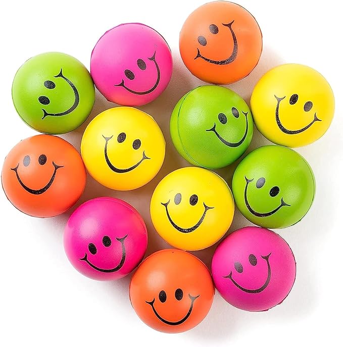 Neliblu Neon Smile Stress Balls for Adults and Kids - Foam Squeeze Balls for Stress Alleviation, Relaxation and Fun - Pack of 12 Happy Face 2.5-Inch Stress Balls - Ideal for Parties, Therapy, and Toys