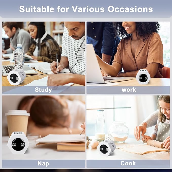 GuDoQi Rotating Pomodoro Timer 1 5 10 30 60 Min Preset, Hexagon ADHD Flip ProductivityTimer Tool Pause, Vibration, Mute, Adjustable Sound Alert for Work, Study, Back to School, Kitchen, White