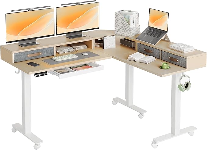 YDN Dual Motor 63" L Shaped Standing Desk with Drawers, Electric Height Adjustable Standing Desk with Monitor Stand & Splice Board, White Frame/Nature Top