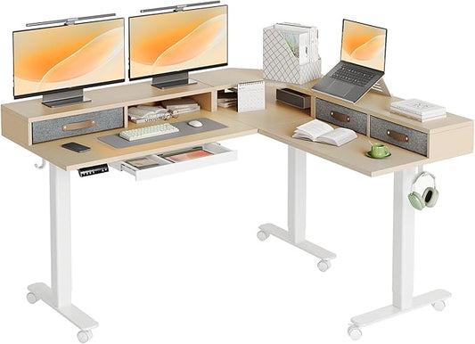 YDN Dual Motor 63" L Shaped Standing Desk with Drawers, Electric Height Adjustable Standing Desk with Monitor Stand & Splice Board, White Frame/Nature Top