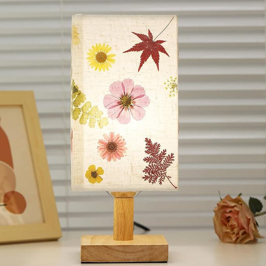 Dried Flowers Table Lamp 5W LED 3Color Temperatures Pressed Flower Bedside Lamp Square Linen Shade with Wood Base for Bedroom Living Room