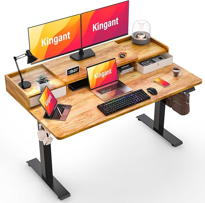 Kingant 55" x 30" Standing Desk with Drawers, Large Desktop, Ergonomic Sit Stand Desk for Home Office Work, Cable Management, 3 Preset Heights & 2 Hooks, Light Rustic