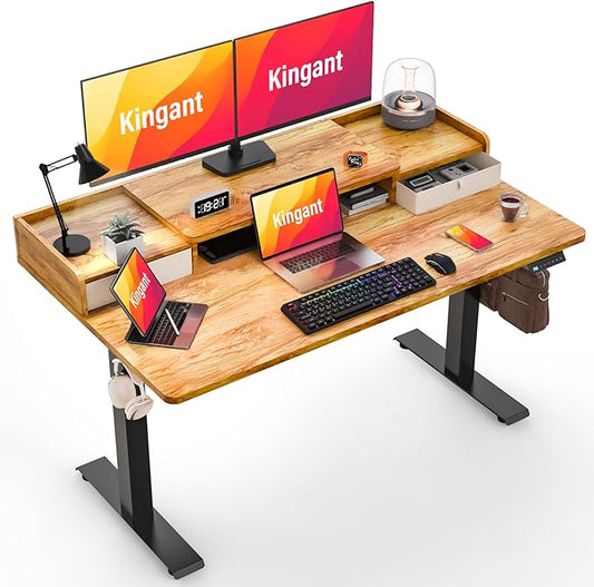 Kingant 55" x 30" Standing Desk with Drawers, Large Desktop, Ergonomic Sit Stand Desk for Home Office Work, Cable Management, 3 Preset Heights & 2 Hooks, Light Rustic