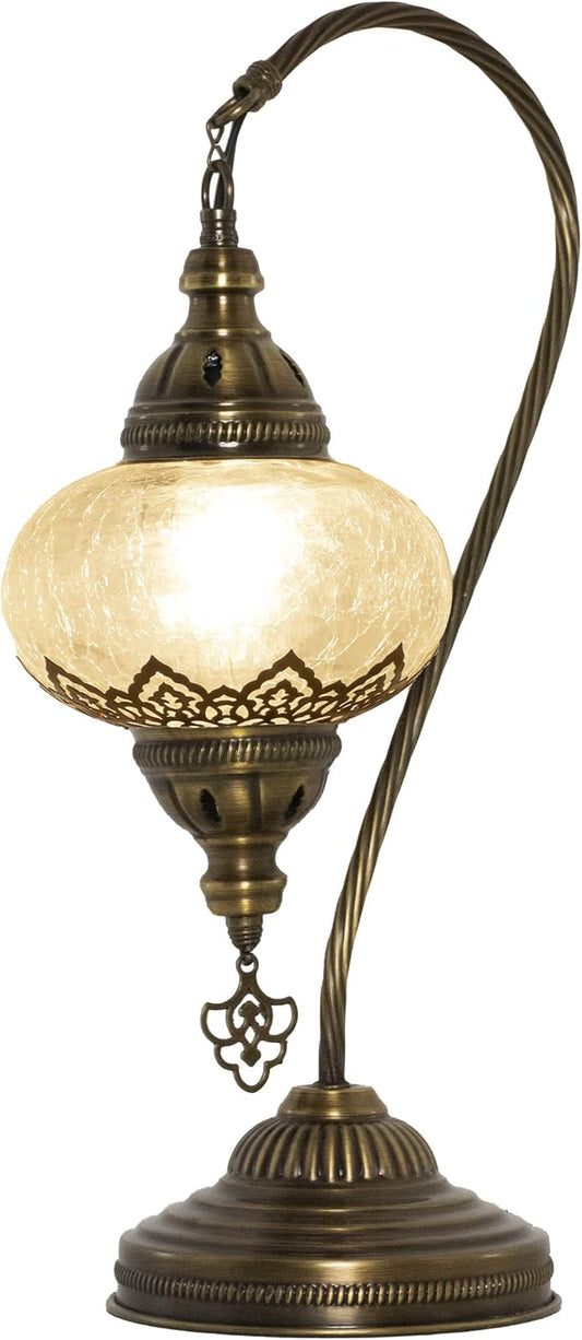 mozaist Turkish Moroccan Clear Glass Swan Neck Table Lamp, Authentic Vintage Bohemian Lamp Shade, Tiffany Style Gooseneck Office, Living Room Rustic Decor with E12 Socket & US Plug (Crack Clear)