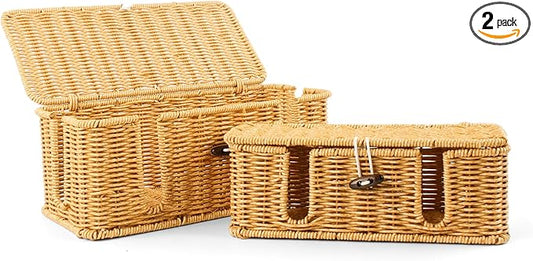 Cable Management Box - 2 Pack Cord Hider Organizer Boxs - Small & Medium Szie Power Cover Cord Box, Handwoven Rattan Cable Organizer for TV Computer USB Hub Power Strips & Cords