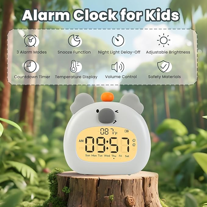 Koala Alarm Clock with Night Light for Kids – Cute Digital Sleep Trainer with LED Display, 3 Alarms, Countdown Timer, Adjustable Brightness – Rechargeable Bedside Clock for Boys and Girls