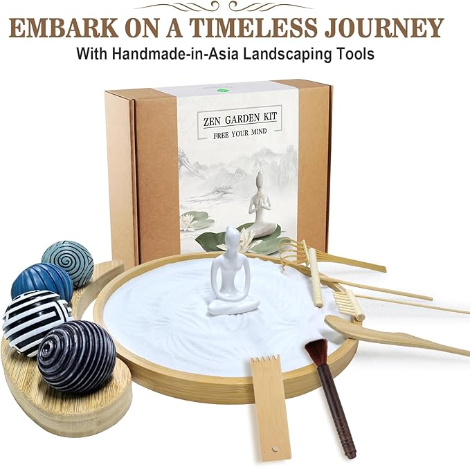 Zen Garden Kit for Desk - Premium Beautiful Japanese Mini Zen Sand Garden Box Gift Set for Home Decor, Office Desk with Large Round Bamboo Tray, White Sand, 4 Sand Spheres & Spheres Holder