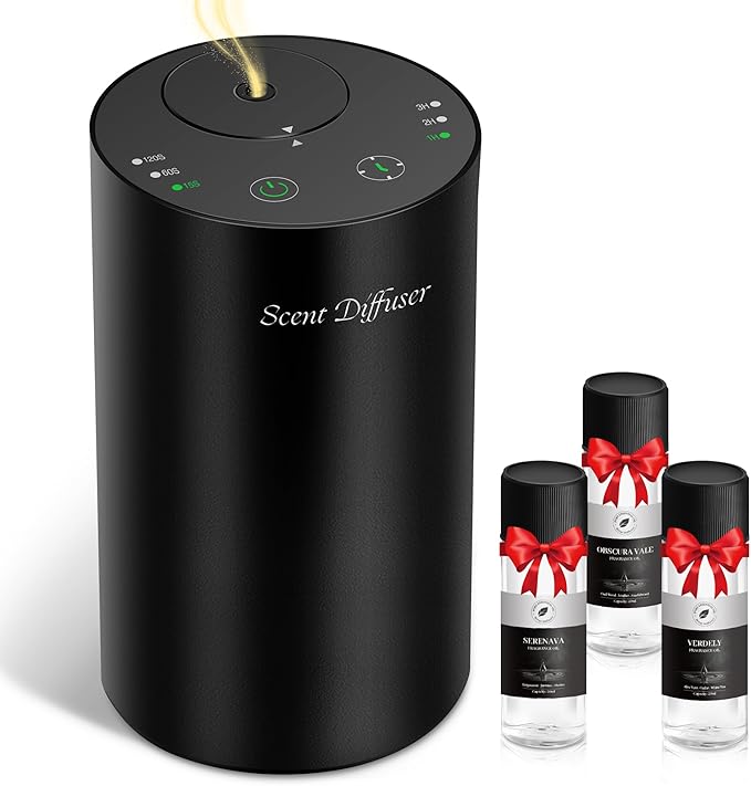 Waterless Essential Oil Diffuser Starter Kit - No Water Needed, Battery Operated Mini Scent Air Machine, Included 3x20ML Essential Oils, Portable Aromatherapy Diffuser for Home & Car & Office, Black