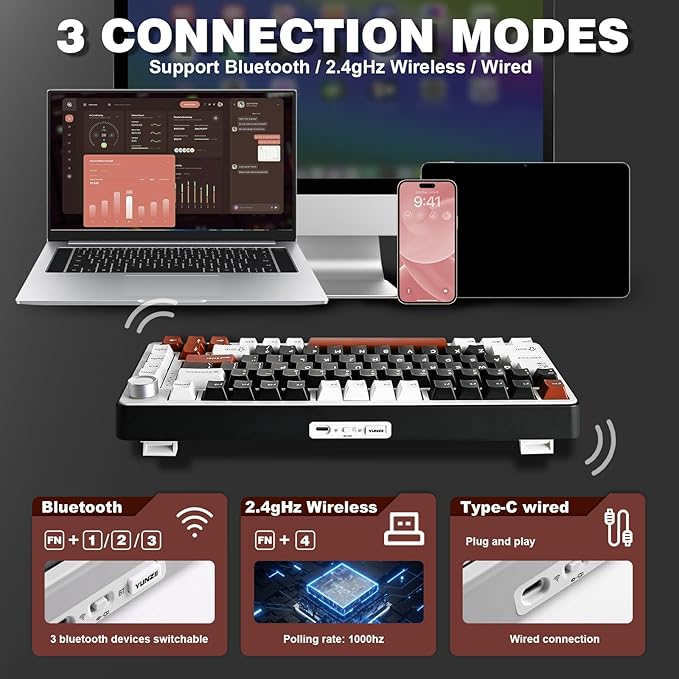 YUNZII B75 PRO Wireless Mechanical Keyboard,75% Layout with Knob,Hot Swap Gasket Custom Structure,Creamy Pre-lubed Switches,RGB Backlit,Bluetooth/Type-C/2.4G for Win/Mac(Milk Switch,Black)