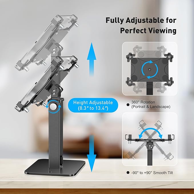 AboveTEK Anti-Theft iPad Kiosk Stand, 360 Rotation & Adj. Height 8.3"–13.4", Heavy-Duty Steel & Aluminum, Fits 9.7"-13" Tablets, Security Retail POS Tablet Stand for Business & Commercial Use