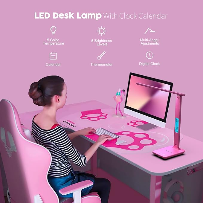 poukaran Desk Lamp, LED Desk Lamp with Wireless Charger, USB Charging Port, Table Lamp with Clock, Alarm, Date, Temperature, Office Lamp, Desk Lamps for Home Office, Pink