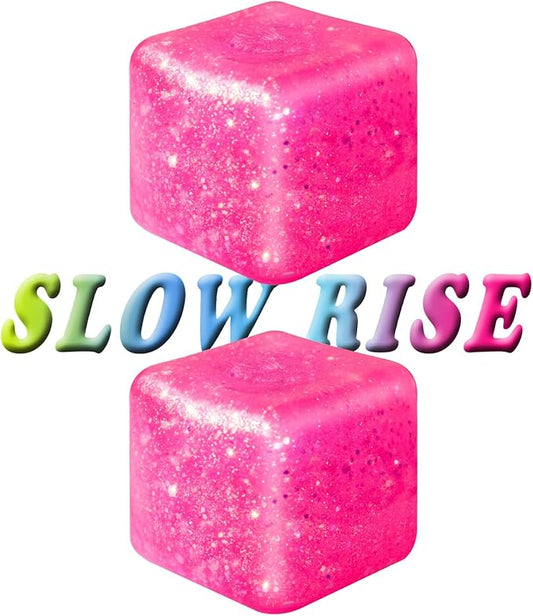 2Pcs Stress Cubes Slow Rise Glitter Squishy Cube Nice Relief Balls Jelly Fidget Toys for Kids Adults Squeeze Sensory Pack for Anxiety, Autism, Funny Gifts for Holiday/Birthday/Classroom(Pink)