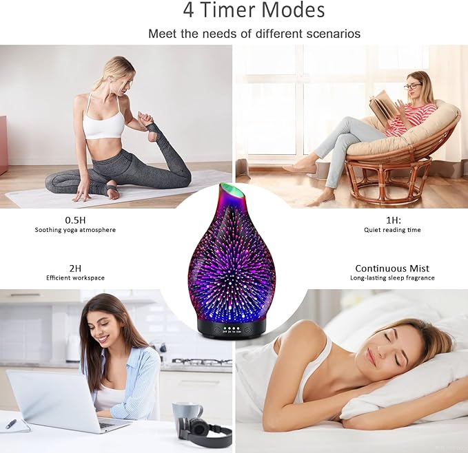 Essential Oil Diffuser 120ML -3D Firework Glass Aromatherapy Diffusers for Essential Oils with 4 Timer Setting Waterless Auto Shut-Off Silent Operation 7 Colors Lights Changing for Room, Office, Yoga