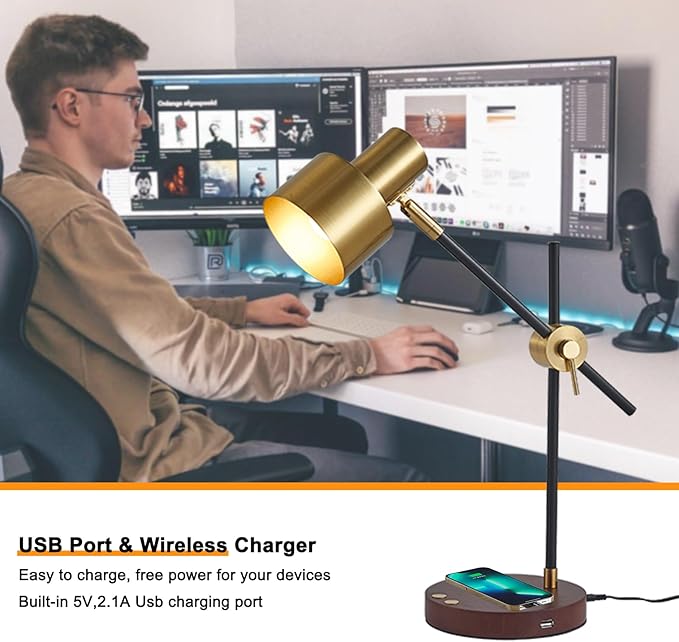 Adjustable Swing Arm Desk Lamp with Wireless Charger & USB Ports - Touch Control, 360° Flexible Metal Arm, Timer Function, Modern Office Lamp for Home Study, Bedroom, Reading (LED Bulb Included)