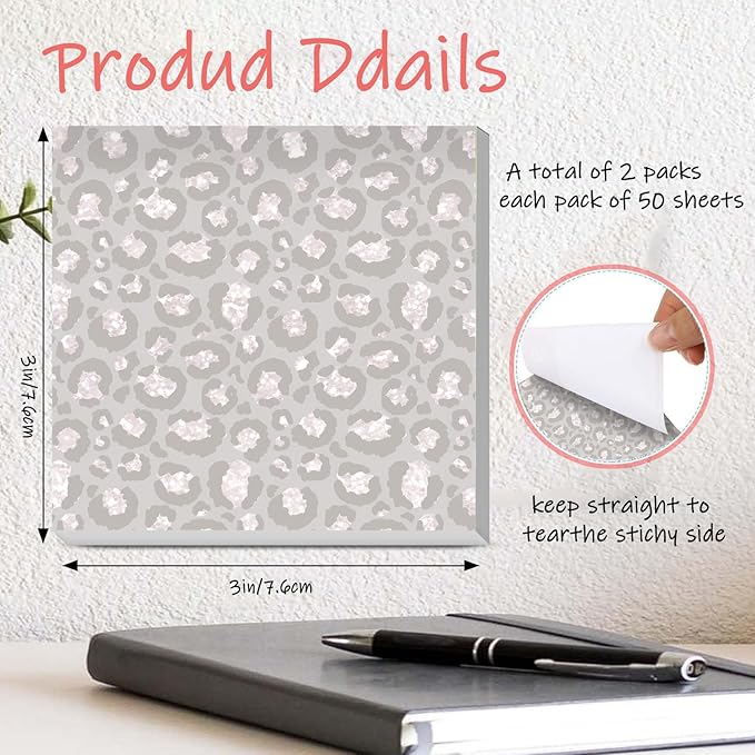 Sticky Notes 3x3 Inches, 2 Pads Cute Colorful Self-Stick Note Pads, Easy to Post for Home, Office and Daily Life Organization Luxury Silver Leopard