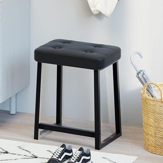 Vanity Stool Chair, Makeup Stool for Vanity,Small Ottoman Footrest for Bathroom, Bedroom, Living Room, Entryway, Offices,Leather &Metal Legs with Anti-Slip Feet, Black