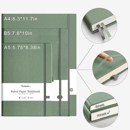 HIUKOOKA College Ruled Notebooks for work, A5 Lined Notebook Leather Journal, 320 Pages Thick Notebook Journals for Writing Diary Office School Students, 5.75'' X 8.38'' - Green