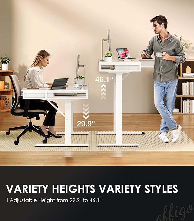 OffiGo 55 Inch L Shaped Electric Standing Desk with Drawers, Height Adjustable Large Desk with Power Outlets, Sit Stand Table, Writing Computer Desk for Home, Office, Workstation, White