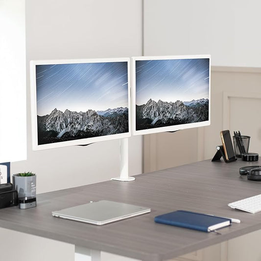 VIVO White Dual 13 to 27 inch LCD LED Monitor Desk Mount Stand with C-clamp and Bolt-Through Grommet, Heavy Duty Fully Adjustable Arms for 2 Screens STAND-V002W