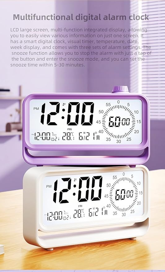 Digital Alarm Clock Night Light Visual Timer, LCD Time Reminder with 3 Alarms, Snooze,Temperature Display, Ideal for Family Education Teaching and Time Management Gifts for Kids (Pink)