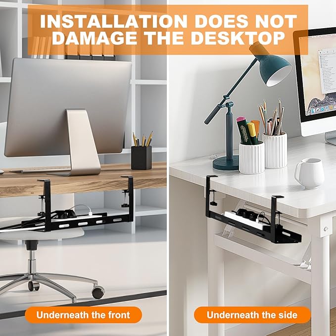 16.5" Under Desk Cable Management Tray - Metal Cord Organizer with Heavy-Duty Clamp, No Drilling, Workspace Organizer for Office/Home (Black)