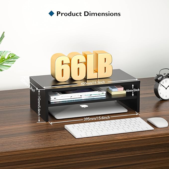 BONTEC Wooden Monitor Stand Riser, 2-Tier Desk Shelf with Storage Organizer, Ergonomic Computer Stand with Cable Management, Cellphone Holder, Black, 16.5 Inch