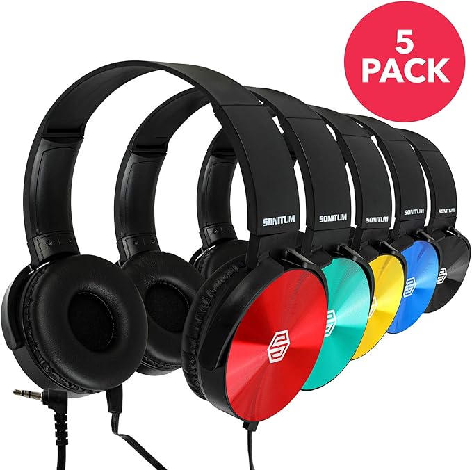 Kids Headphones Bulk 5 Pack, Student On Ear Color Varieties, Comfy Swivel Earphones for Classroom, Library, School, Airplane, for Online Learning and Travel, Noise Stereo Sound 3.5mm Jack (Colorful)