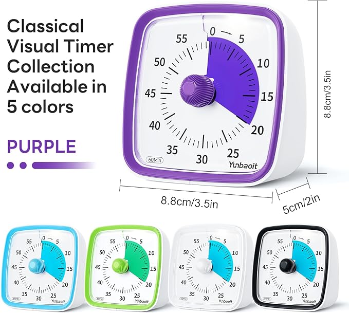 Yunbaoit Visual Timer with Night Light, 60-Minute Countdown Timer for Kids and Adults, Silent Classroom Timer, Time Management Tool for Home, School, or Work (Purple)
