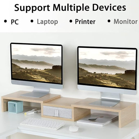 TEAMIX 3 Shelf Monitor Stand Riser with Drawer-Length and Angle Adjustable Dual Monitor Riser with Storage Corner Desk Shelf Organizer Large Computer Stand for 2 Monitors/Laptop (Maple, 1 Drawer)