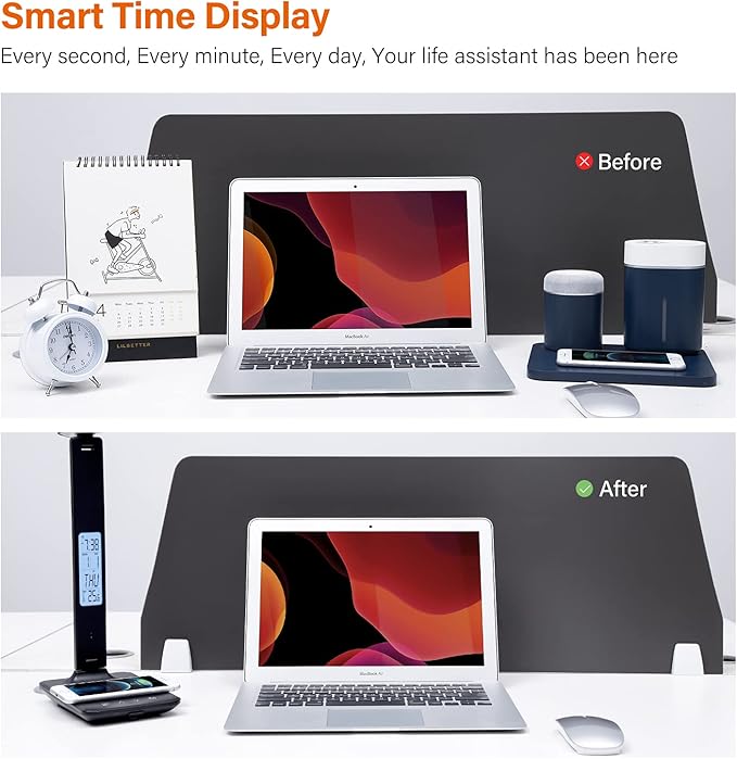 poukaran LED Desk Lamp with Wireless Charger, USB Charging Port, Table Lamp with Clock, Alarm, Date, Temperature, Desk Lamps for Home Office,Black