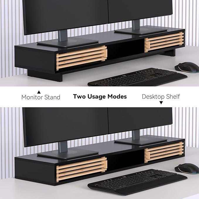 Dual Monitor Stand Riser with Sliding Door, Double Computer Laptop Stand Desk Shelf Organizer with Storage (Black + Natural Bamboo, 38 Inch)